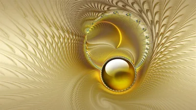 A glassy gold sphere sits inside a jewelled ring while feathered fractal lace spirals around it in pale champagne tones.