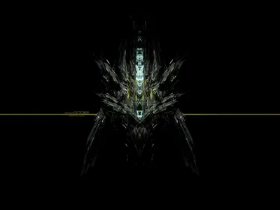 A mirrored mechanical shape rises at the centre with a thin gold horizon line running across behind it.