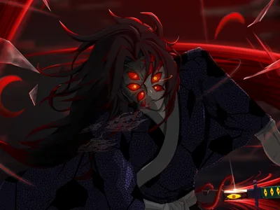 A long-haired demon leans forward with glowing red eyes and crescent markings, red streaks cutting through the near-black background.