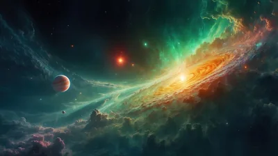 A CGI galaxy burns gold inside emerald-green clouds, a red sun and a small rocky planet floating to its left — colour reaches every edge, so pick a dim dock.