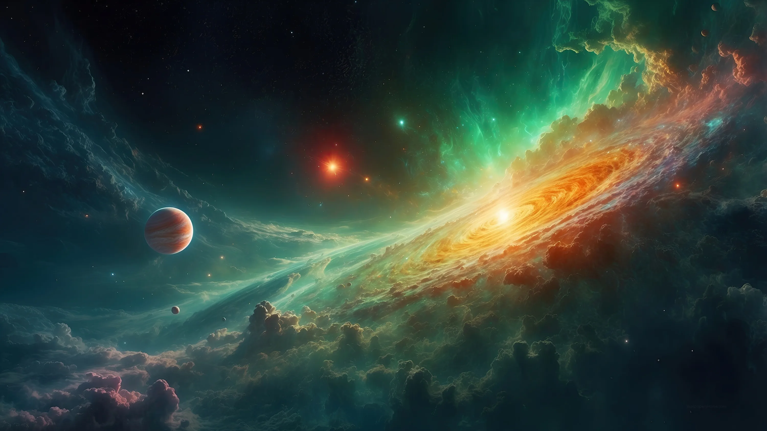A CGI galaxy burns gold inside emerald-green clouds, a red sun and a small rocky planet floating to its left — colour reaches every edge, so pick a dim dock.