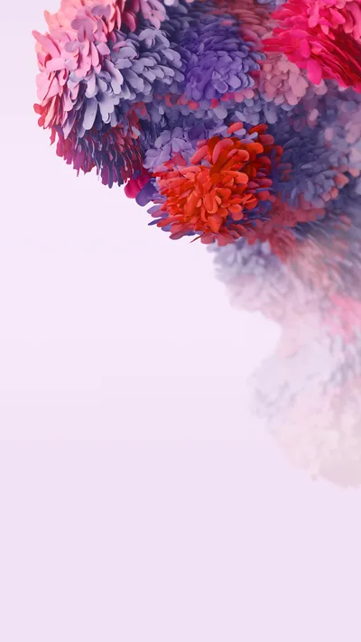 A cluster of red and violet puffball blooms hangs from the top left, dissolving into mist; the near-white lower half swallows a light-coloured clock.