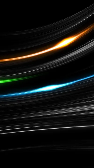 Long streaks of light arc across a black field, one orange and one blue running parallel with a short green flash between them.