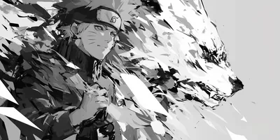 A grey and white composition where Naruto's face on the left dissolves into jagged shards that reassemble into a snarling fox on the right.