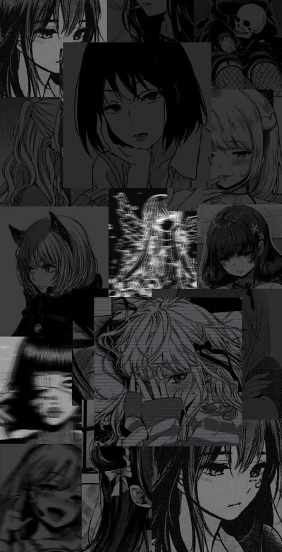 A tall grid of small greyscale anime portraits stacked edge to edge, one bright glitched panel breaking the pattern near the middle.