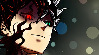 A close-up of Asta with one scarlet eye webbed in black veins and one green, coloured bokeh dots filling the dark space on the right of the frame.