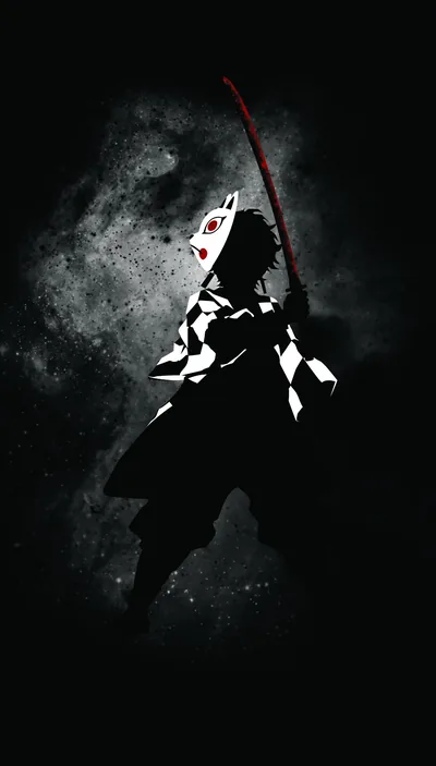 Tanjiro's small checkered-haori figure stands in a pool of grey light, sword slung across his back, the smoke around him falling to black at every corner.