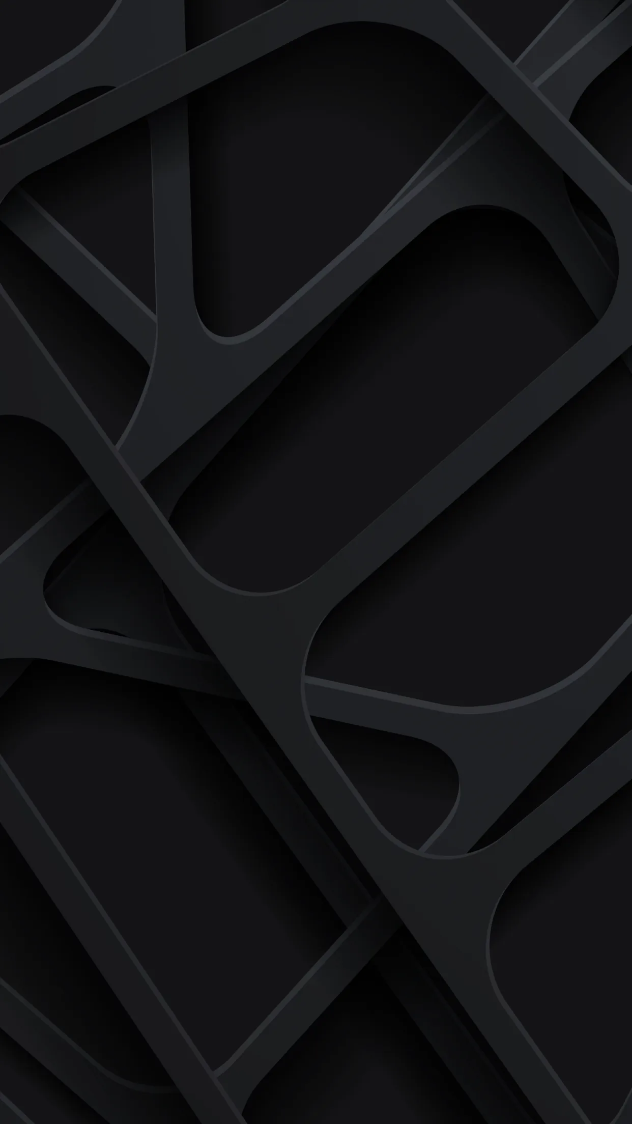 Matte black bands weave over and under one another in a loose 3D lattice, soft shadows giving each crossing a little depth.
