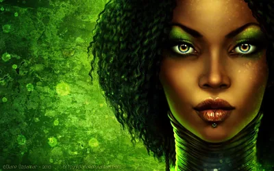 A woman with dark curls faces forward in green digital paint, green eyes and gold lip highlights standing out against a mottled emerald background.