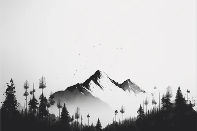 A twin-peaked range rises out of low mist behind a row of pines, birds scattered across the pale sky in fine ink strokes.