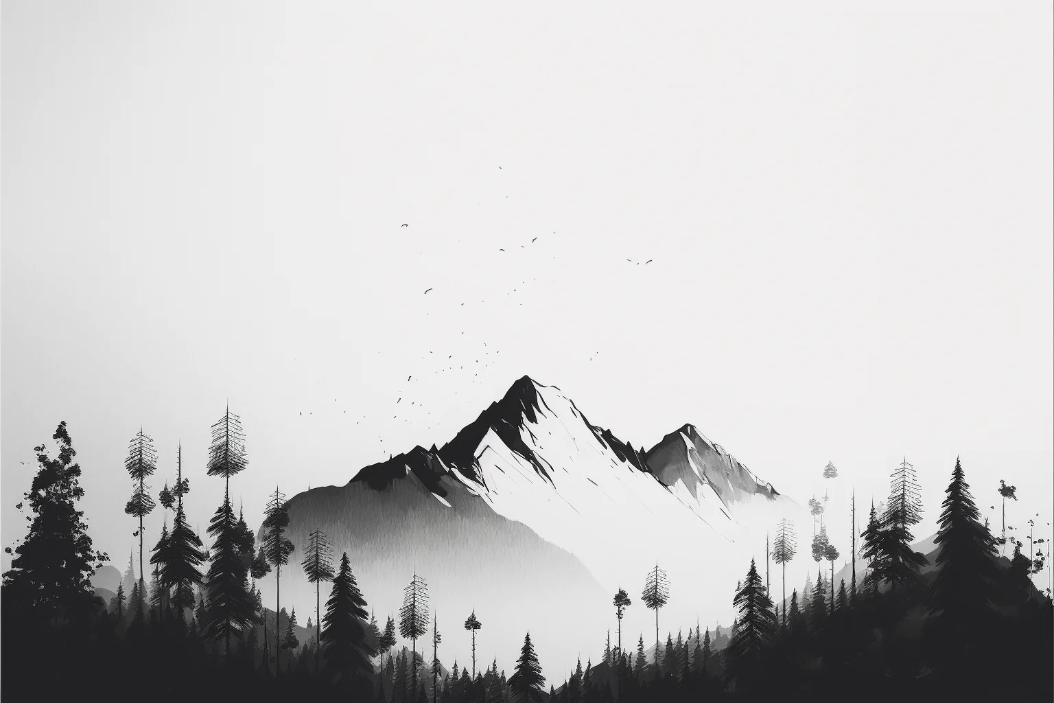 A twin-peaked range rises out of low mist behind a row of pines, birds scattered across the pale sky in fine ink strokes.