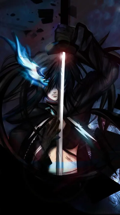 Black Rock Shooter raises her glowing blade behind a blue flame eye, dark hair whipping across a frame that stays deep blue-black to every edge.