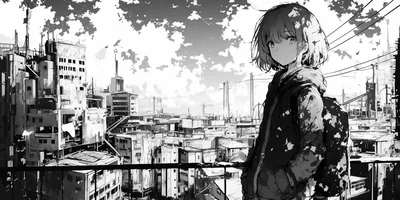 A short-haired girl glances back from a railing while power lines, water tanks and a distant bridge stretch out in soft grey.