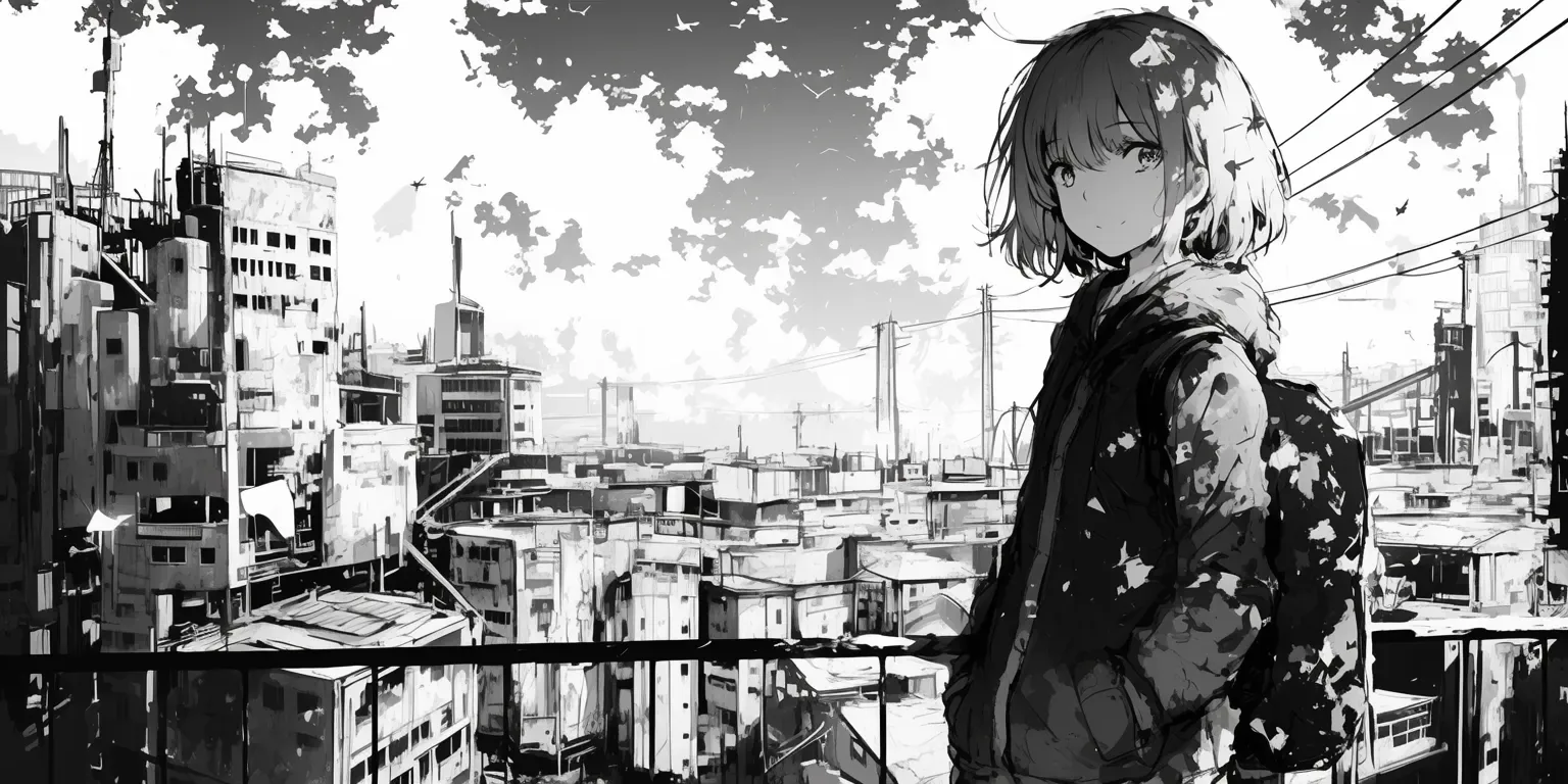 A short-haired girl glances back from a railing while power lines, water tanks and a distant bridge stretch out in soft grey.