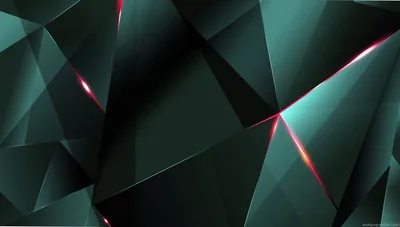 Angular 3D facets in deep teal lock together like crumpled metal, thin red light leaking through the seams that cross near the centre.