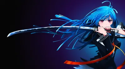 A girl with wild blue hair draws a long katana across the frame, a red ribbon trailing against a plain purple gradient that keeps icons readable.