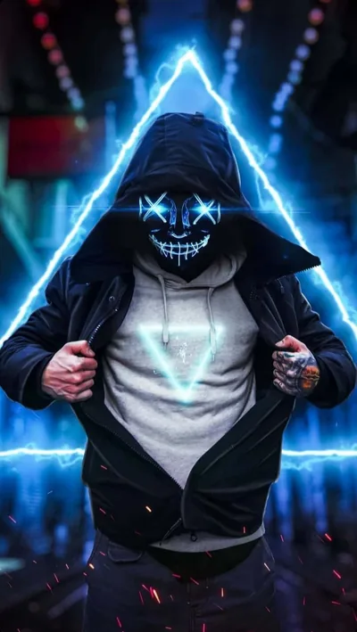 Standing inside a glowing blue triangle of light, he pulls his jacket open to show a matching neon symbol on his shirt.