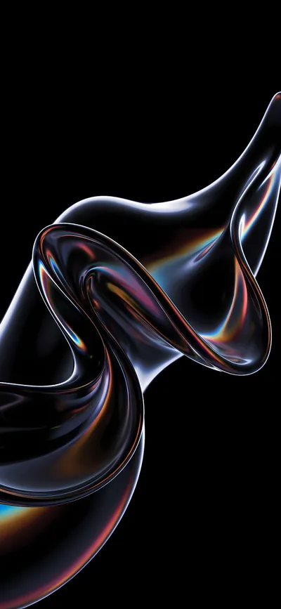 A twisted ribbon of liquid chrome catches pink, gold and green reflections along its edges, floating in the middle of an otherwise black frame.