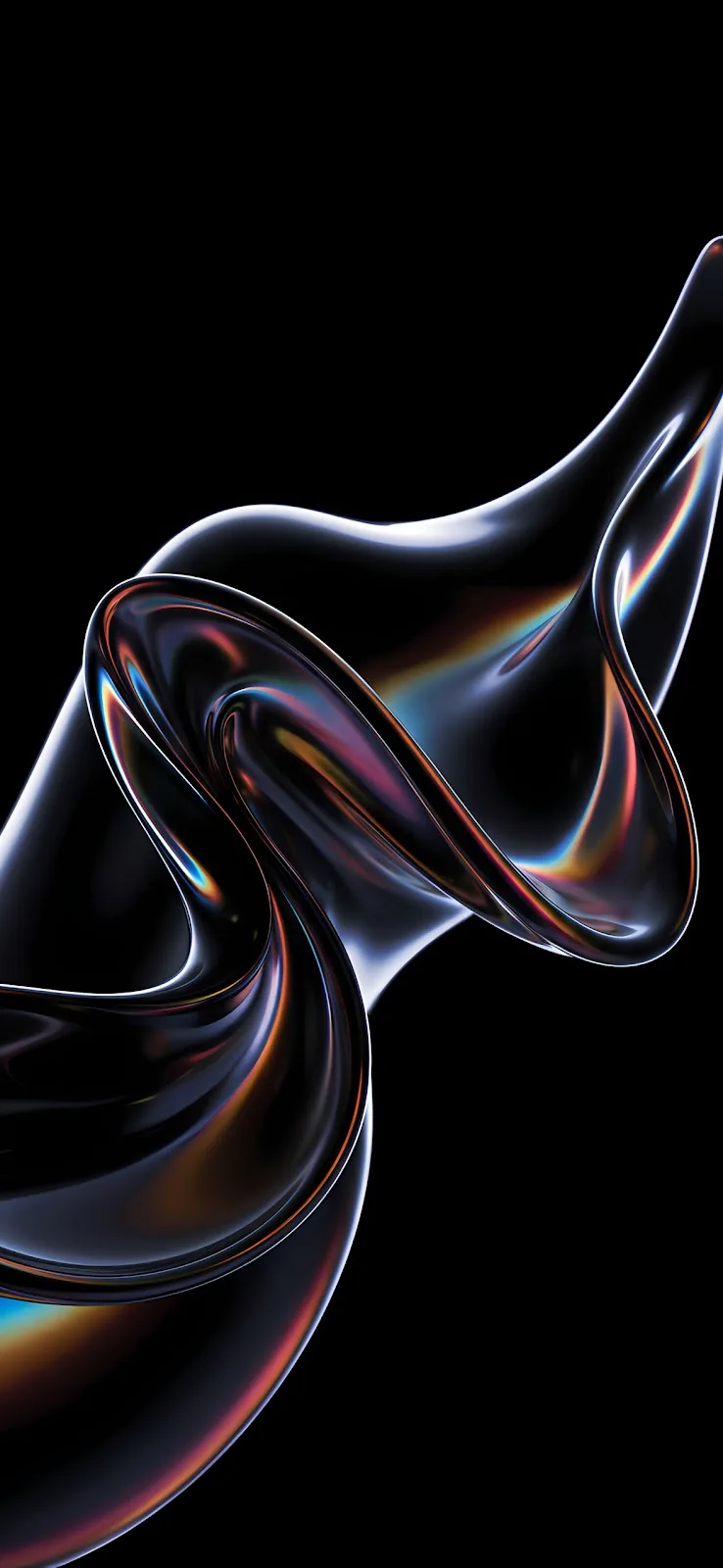 A twisted ribbon of liquid chrome catches pink, gold and green reflections along its edges, floating in the middle of an otherwise black frame.