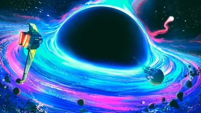 An illustrated black hole at the centre of a swirling neon disc, with small planets and a lone spacecraft at its edge.