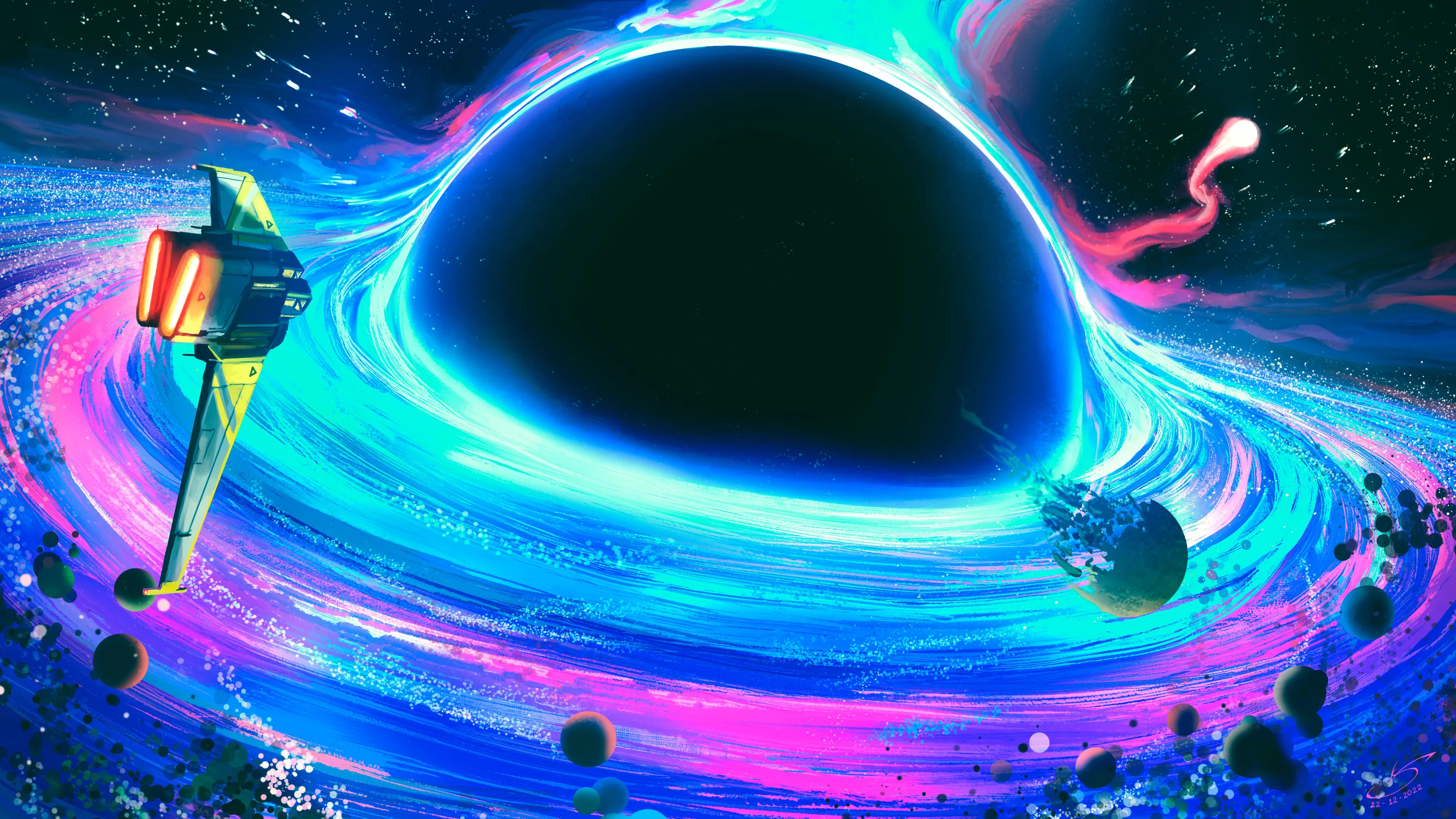 An illustrated black hole at the centre of a swirling neon disc, with small planets and a lone spacecraft at its edge.