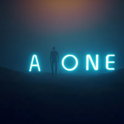 Glowing teal letters spell ALONE across a foggy hillside, and the missing L is a distant man walking into the gap between the letters.