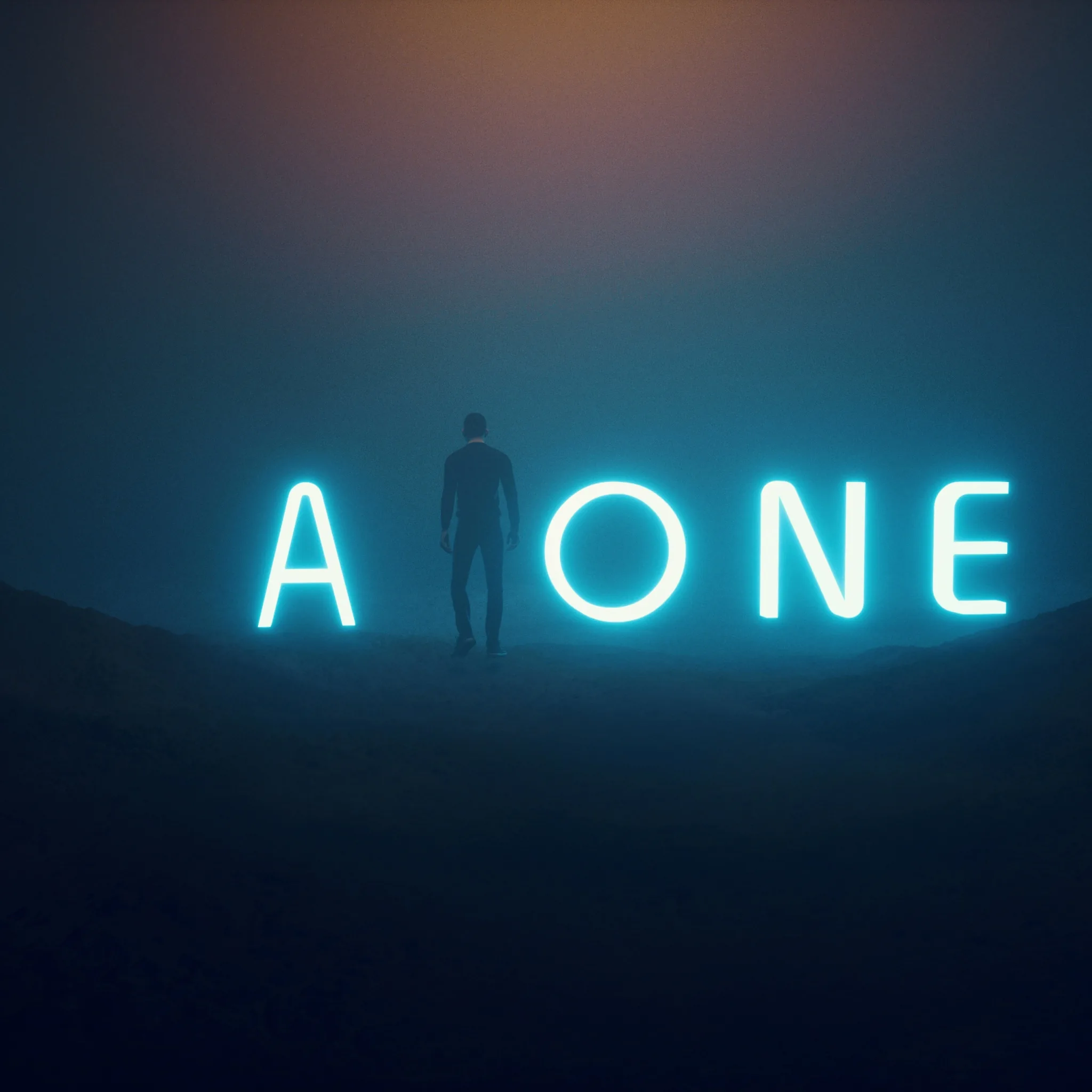 Glowing teal letters spell ALONE across a foggy hillside, and the missing L is a distant man walking into the gap between the letters.