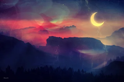 Painted clouds turn red and green above a flat-topped ridge, a large crescent moon hanging top right over silhouetted pines.