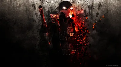 A helmeted soldier with burning white eyes stands in heavy grunge texture, red embers scattering across the right side of the frame.