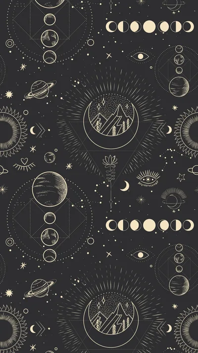 Beige line drawings of moon phases, ringed planets, and mountain medallions repeat over a charcoal ground, so the pattern survives any crop or aspect ratio.
