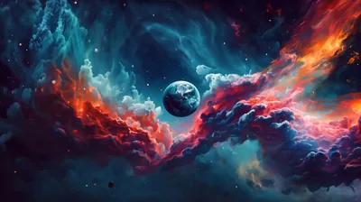Painted red and teal clouds part around a small Earth at the centre, leaving the darker upper corners quiet enough for a desktop clock.