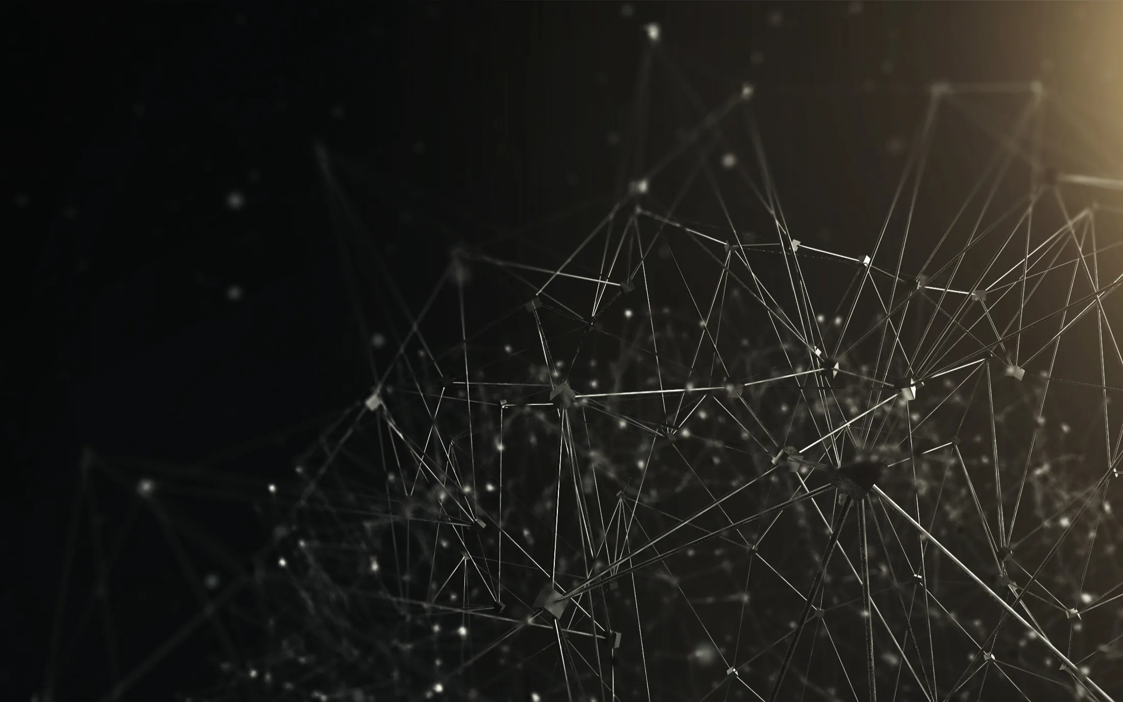 Fine lines connect scattered nodes across a dark field, a warm glow spilling in from the top right corner.