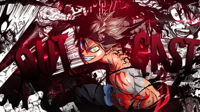 Torn manga pages layered under thick red brushwork, the demon-marked grin front and centre with OUTCAST stamped across the middle.