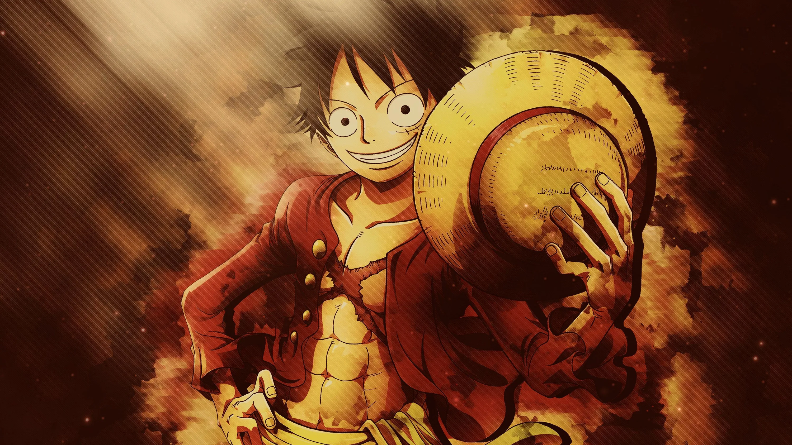 Monkey D. Luffy grips his straw hat and grins in sepia firelight, the dark edges of the frame leaving room for desktop icons on either side.