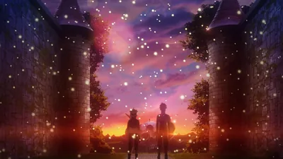 Two boys stand silhouetted between dark castle towers under a purple and orange dusk filled with drifting lights, the bottom strip dark enough for a phone dock.