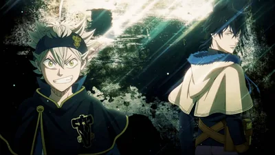 Asta grins from the lower left while Yuno stands calm on the right, both set against a mottled black and green grunge wall with a dark centre.
