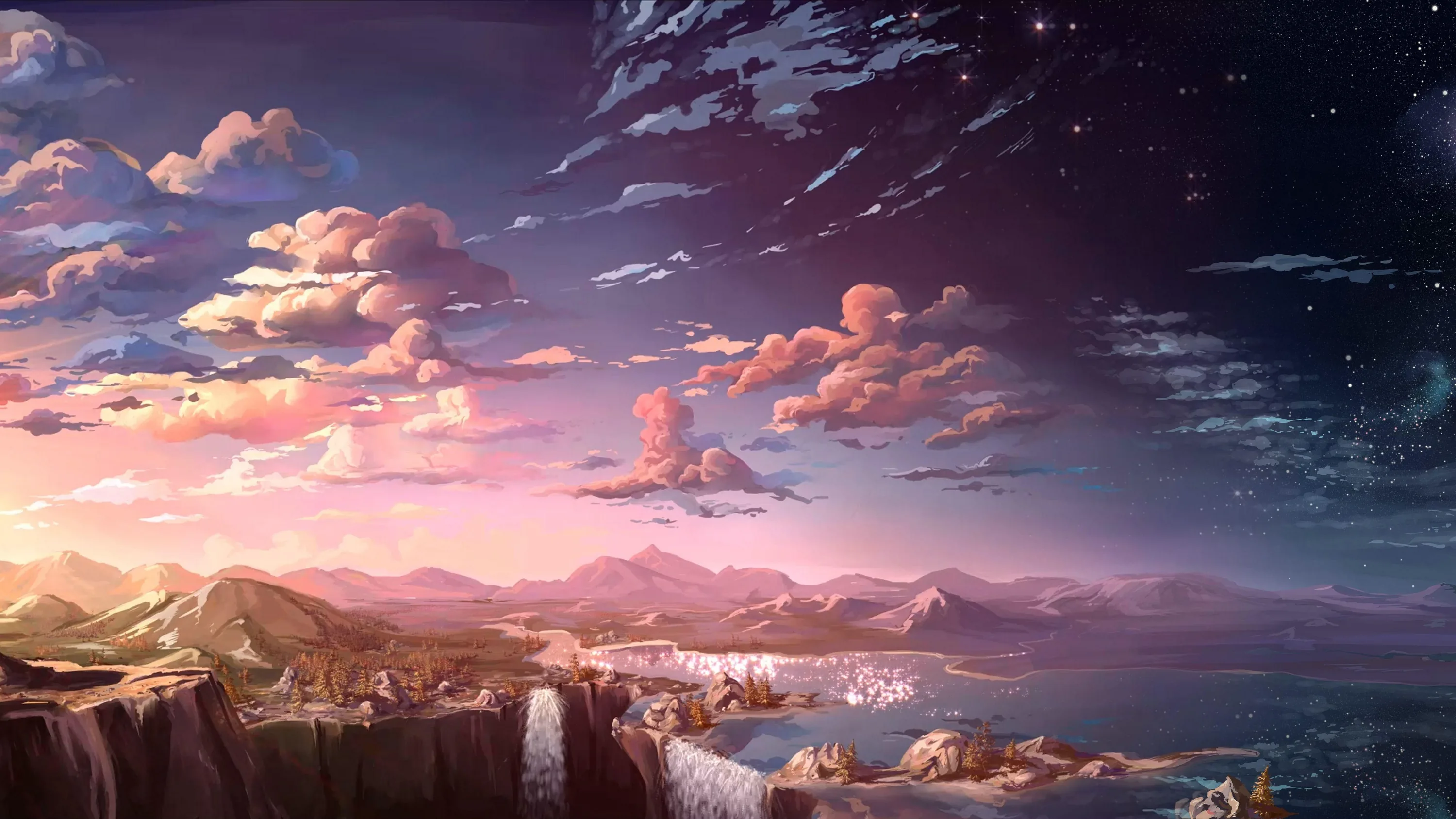 A coastal city and its waterfalls sit beneath a sky that shifts from pink sunset clouds on the left to starry darkness on the right.