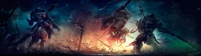 Three armoured warframes advance through drifting smoke on an ultrawide battlefield, the horizon burning orange behind them.