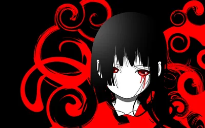A blunt-fringed girl with red eyes stares straight ahead while red vine-like swirls curl out behind her across flat black.