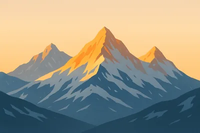 Flat vector peaks in orange and slate blue under a plain amber sky, the empty upper band ideal for widgets or a clock.