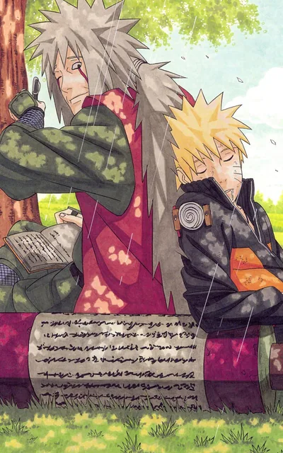 Jiraiya reads against a tree trunk while Naruto dozes beside him on a giant scroll covered in script, soft watercolour greens holding the light.