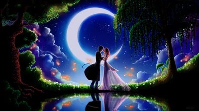 A painted scene of two people dancing at the water's edge under a large crescent moon, willow branches and glowing blossoms framing their reflection in the still lake.