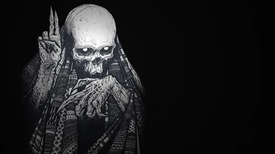 A pen-drawn skeleton in a heavily patterned shawl lifts one bony finger, the whole figure in cold monochrome against a black backdrop.