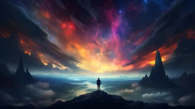 Orange and violet nebula clouds tear across the sky above a tiny figure on a crag, the darkest band running along the bottom for a dock.