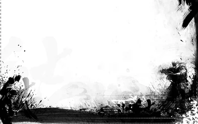 Ink spatter, scratches and faint stencil shapes crowd the edges of a blank white centre, with a dotted rule running along the bottom.