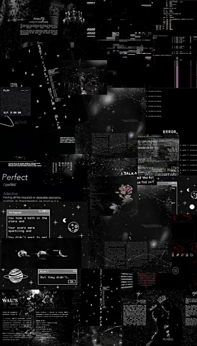 Screenshots, code panels and scan lines layer over near-black, the word perfect set large in the lower left where the noise thins out.