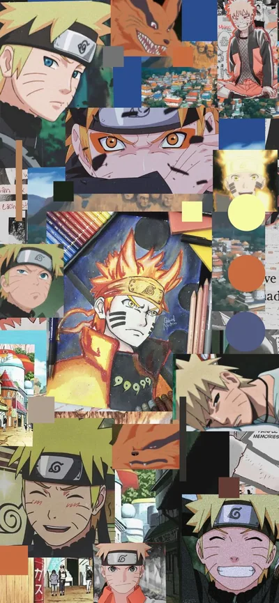 Dozens of Naruto stills and colour blocks tile a floor-to-ceiling grid, his grinning face anchoring the bottom edge well below the clock area.