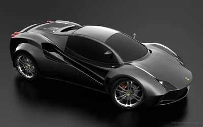 A rendered black two-seater viewed from a high corner angle, its long glass canopy and yellow badge reflected in the polished surface below.