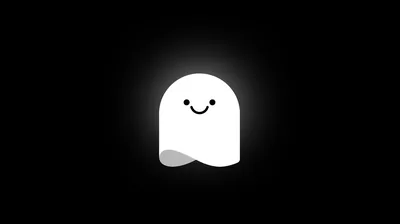 A small cartoon ghost with dot eyes and a curved smile glows in the centre, its tail curling up off a flat black ground.