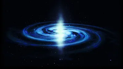 A spiral galaxy swirls around a bright vertical shaft of light at its core, its blue arms trailing off into black space on both sides.